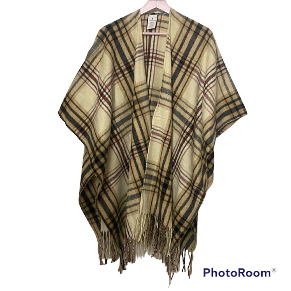 WOOLRICH tartan plaid fringe shawl kimon